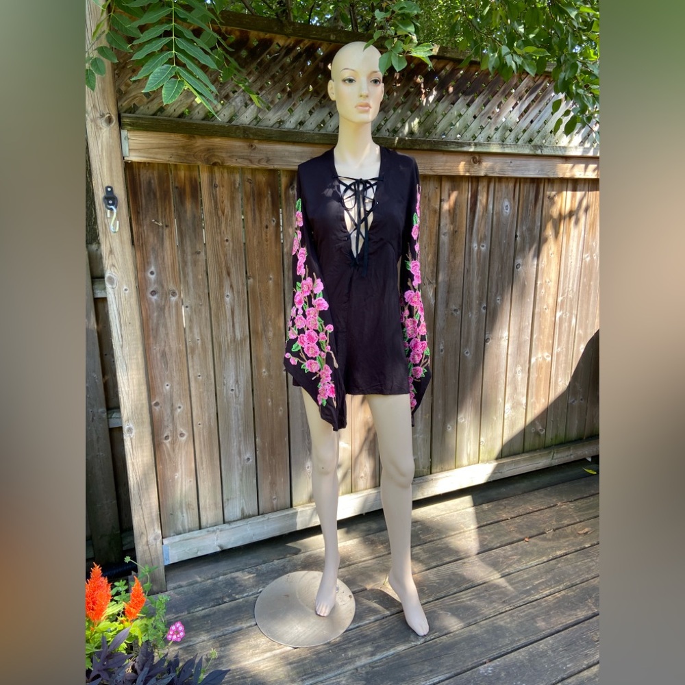 Black Romper with Pink Cherry Blossom Wide Bell Sleeves